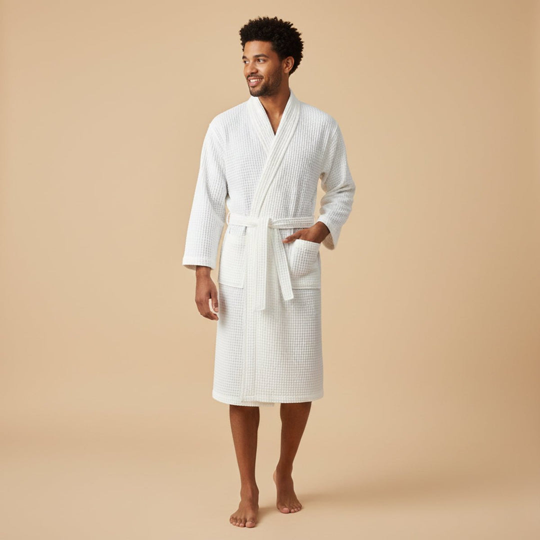 Men's Cotton Waffle Lightweight Bathrobe | Shawl Collar Spa Belt Lifestyle