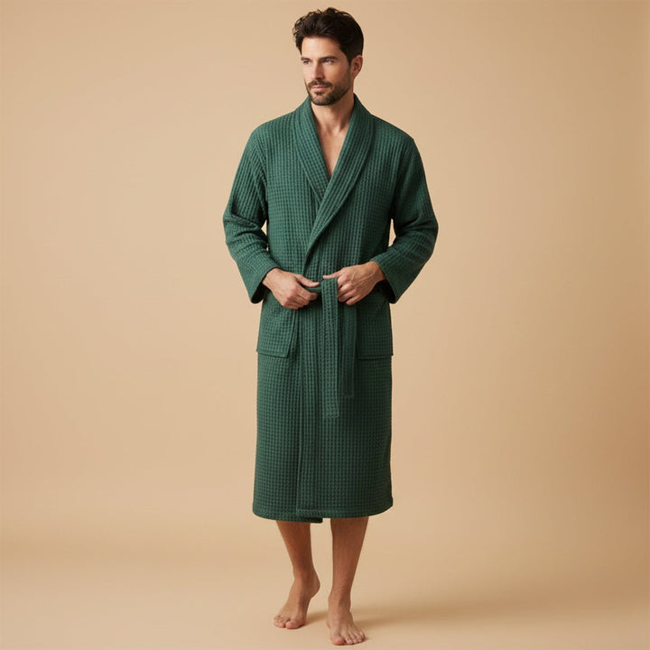 Men's Cotton Waffle Lightweight Bathrobe | Shawl Collar Spa Belt View 11