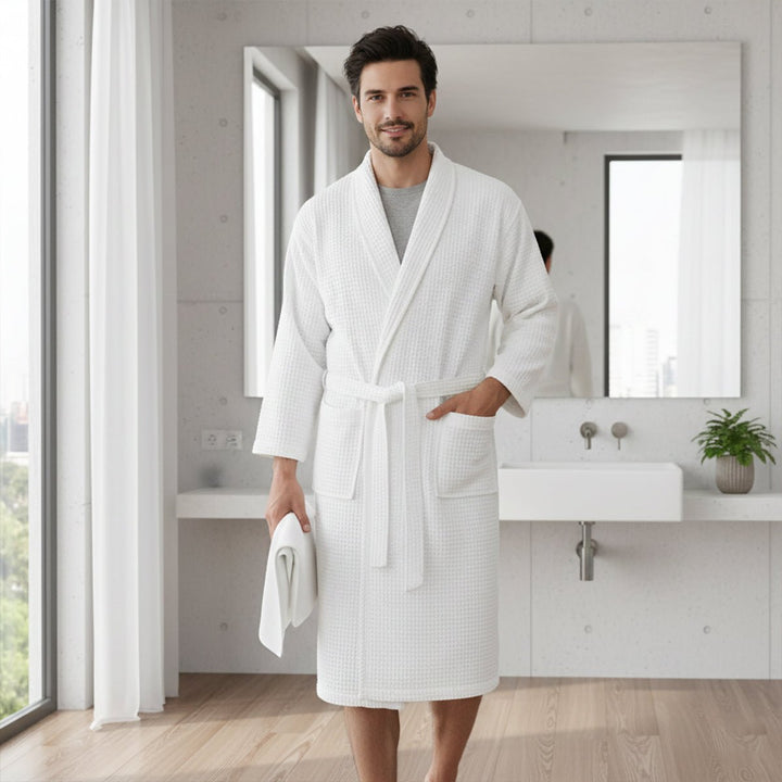 Men's Cotton Waffle Lightweight Bathrobe | Shawl Collar Spa Belt View 12