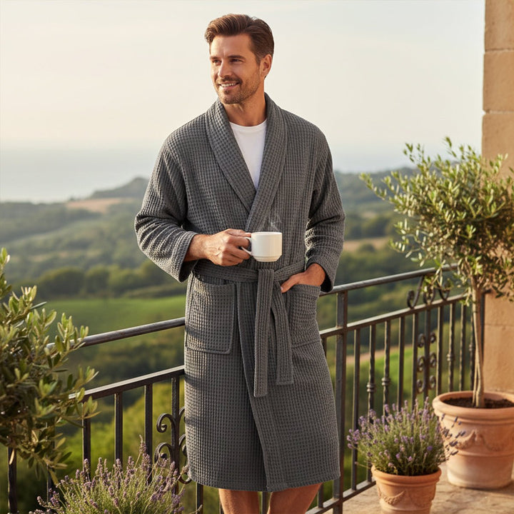 Men's Cotton Waffle Lightweight Bathrobe | Shawl Collar Spa Belt View 13