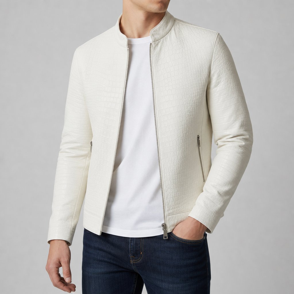 Men's Croc Embossed Leather Jacket | Slim Zip Front Hero