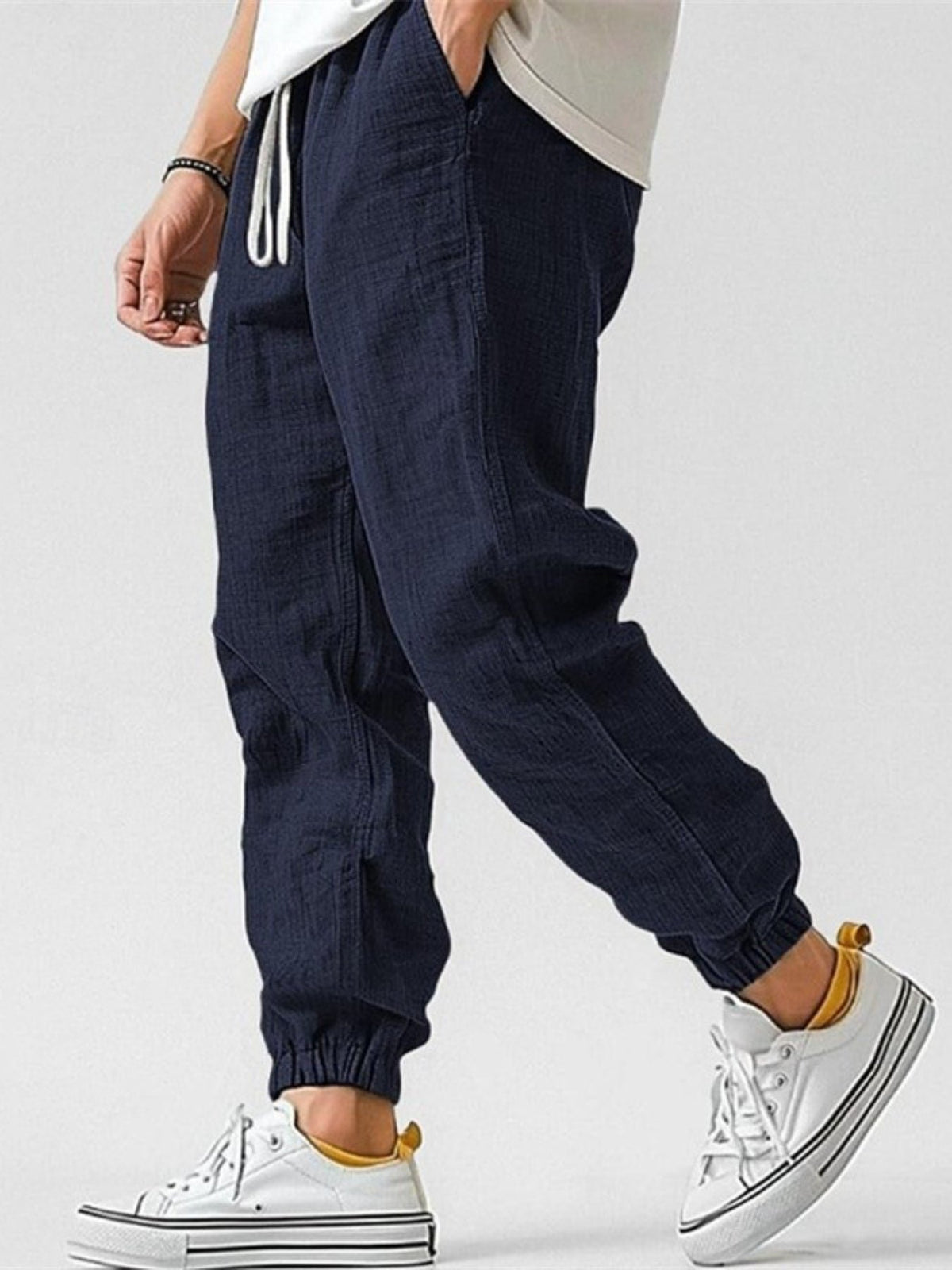 Men's Cuffed Cotton Linen Joggers Pants Close Up