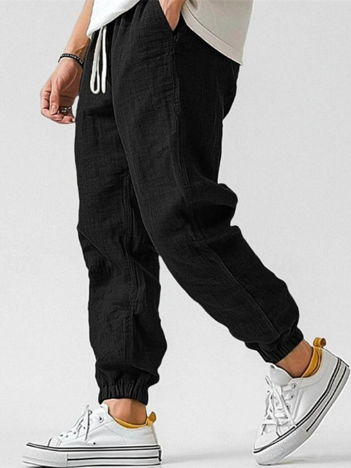 Men's Cuffed Cotton Linen Joggers Pants Side