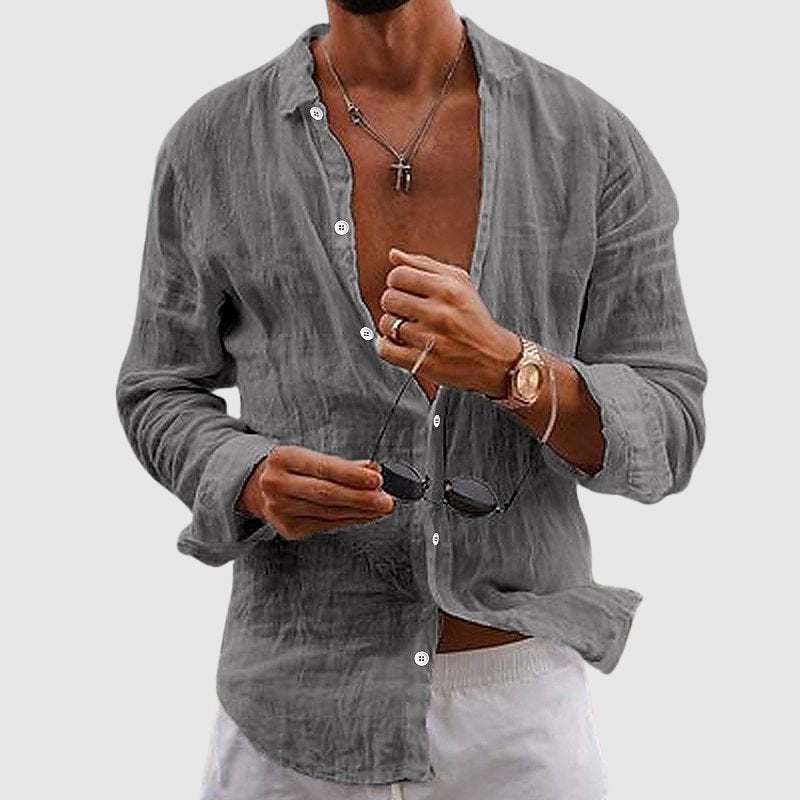 Men's Deep V-Neck Linen Shirt | Button-Down Detail