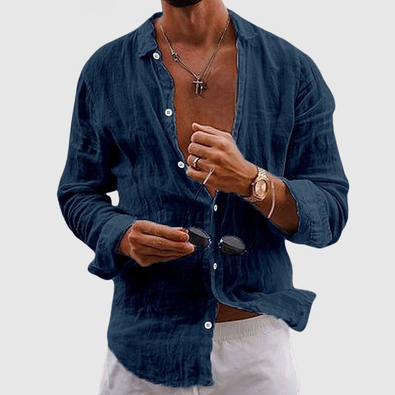 Men's Deep V-Neck Linen Shirt | Button-Down Side
