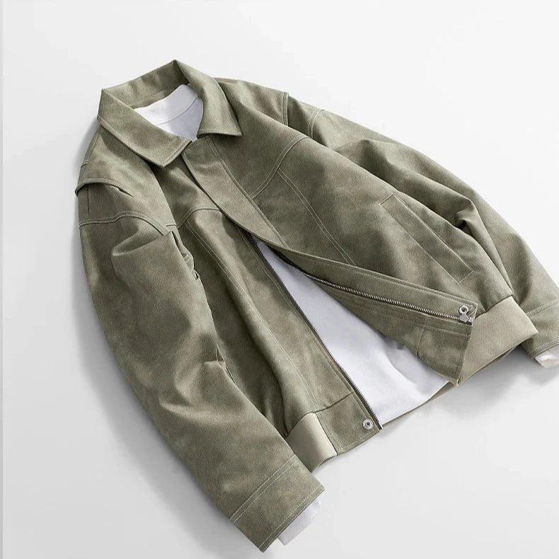 Men's Diagonal Zip Vegan Leather Jacket | Layered Shoulder Angle