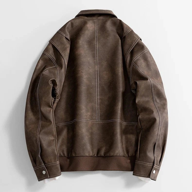 Men's Diagonal Zip Vegan Leather Jacket | Layered Shoulder Close Up