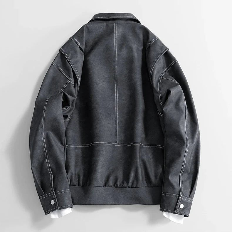 Men's Diagonal Zip Vegan Leather Jacket | Layered Shoulder Detail
