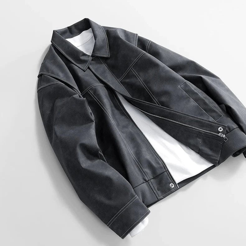 Men's Diagonal Zip Vegan Leather Jacket | Layered Shoulder Front
