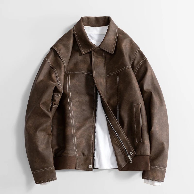 Men's Diagonal Zip Vegan Leather Jacket | Layered Shoulder Side