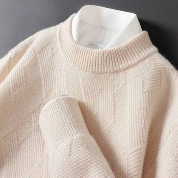 Men's Diamond Knit Crewneck Sweater | Ribbed Hem Close Up
