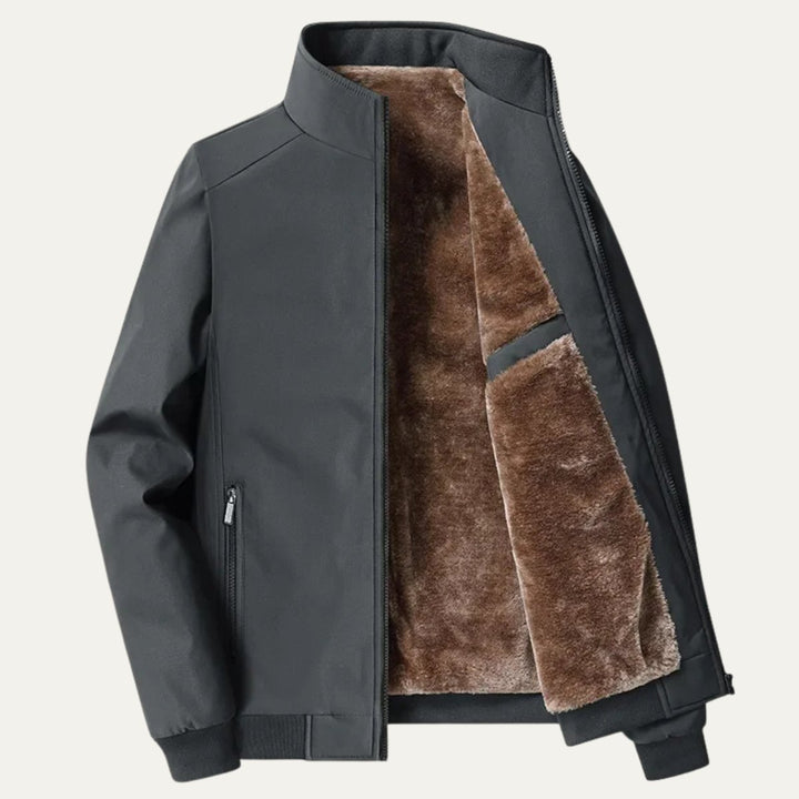 Men's Elegant Warm Lined Jacket | Fleece Bomber Collar Close Up