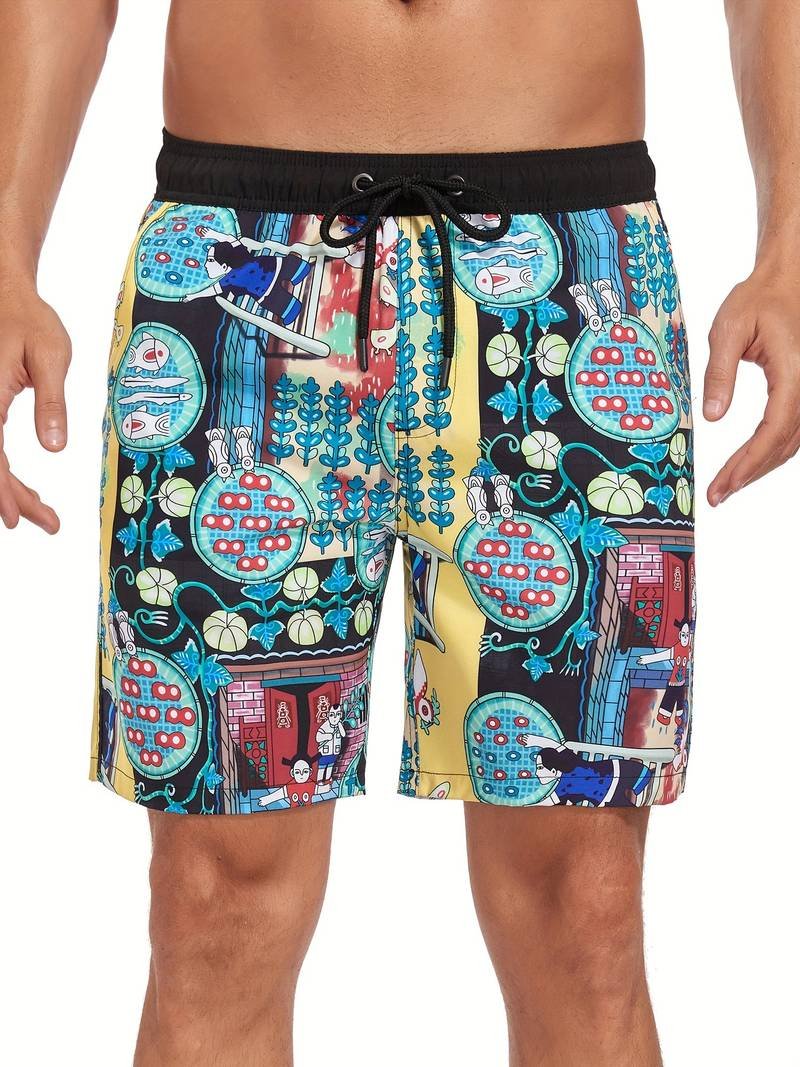 Men's Flamingo Print Beach Summer Swim Shorts Close Up