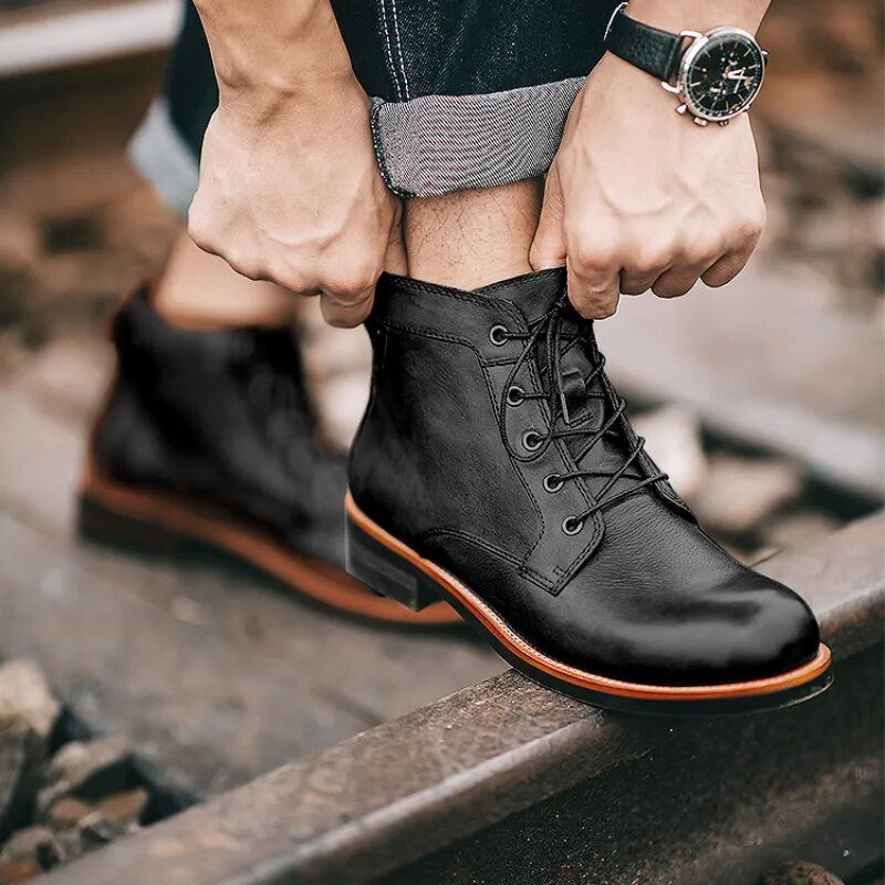 Men's Genuine Leather Ankle Boots | Classic Lace-Up Front