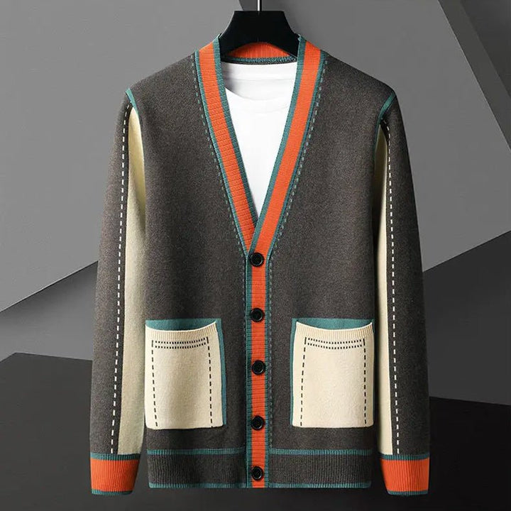 Men's Geometric Knit Cardigan | Contrast Stripe Merino Wool Front