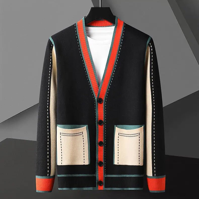 Men's Geometric Knit Cardigan | Contrast Stripe Merino Wool Hero