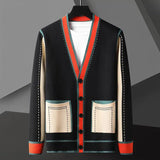Men's Geometric Knit Cardigan | Contrast Stripe Merino Wool