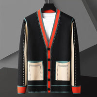 Men's Geometric Knit Cardigan | Contrast Stripe Merino Wool Hero