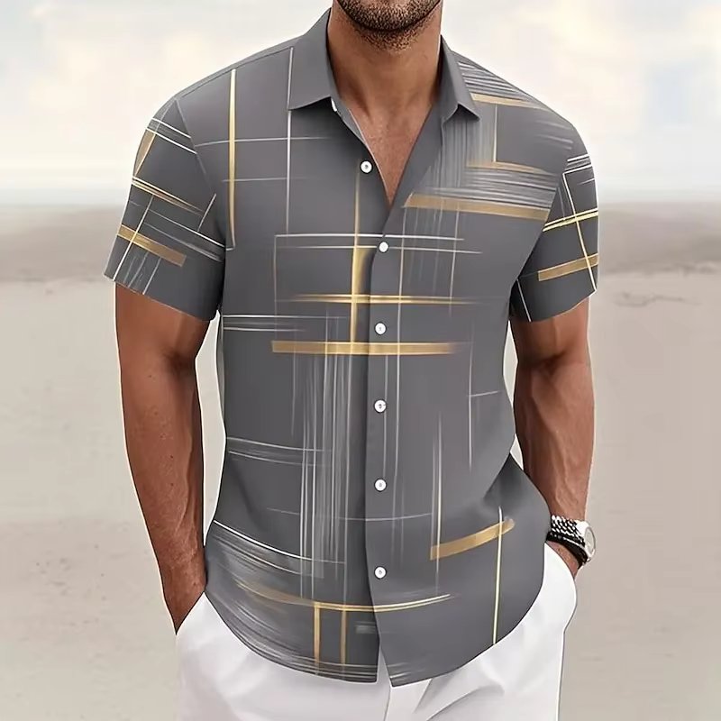 Men's Geometric Plaid Short Sleeve Button Shirt Angle