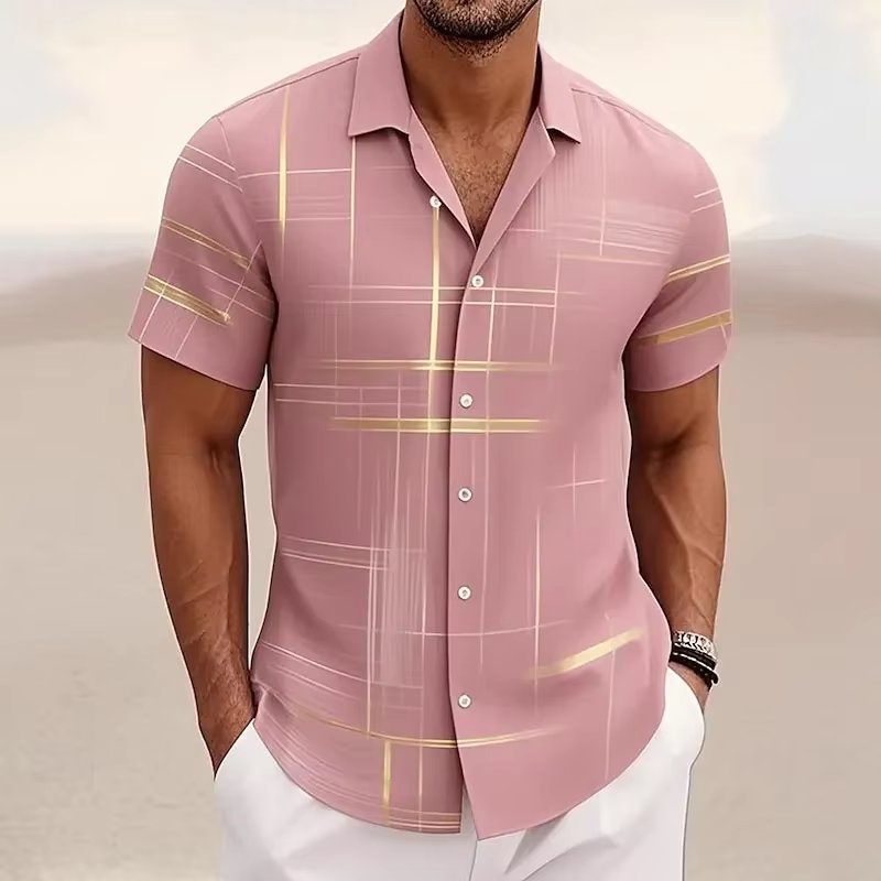 Men's Geometric Plaid Short Sleeve Button Shirt Close Up