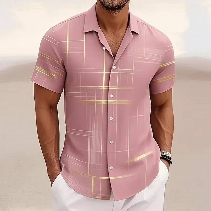 Men's Geometric Plaid Short Sleeve Button Shirt Close Up