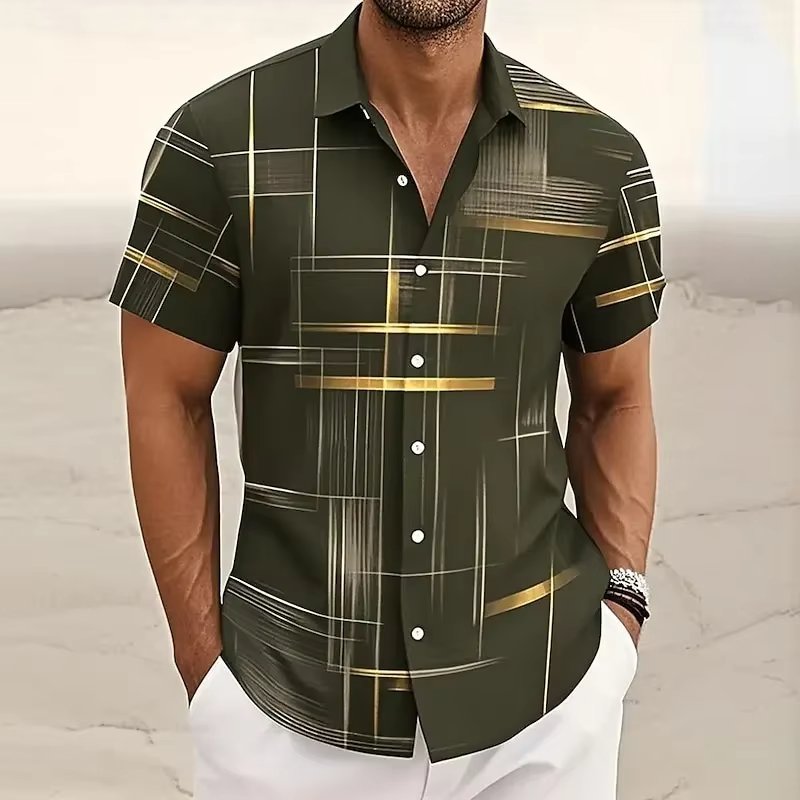 Men's Geometric Plaid Short Sleeve Button Shirt Detail