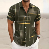 Men's Geometric Plaid Short Sleeve Button Shirt Detail