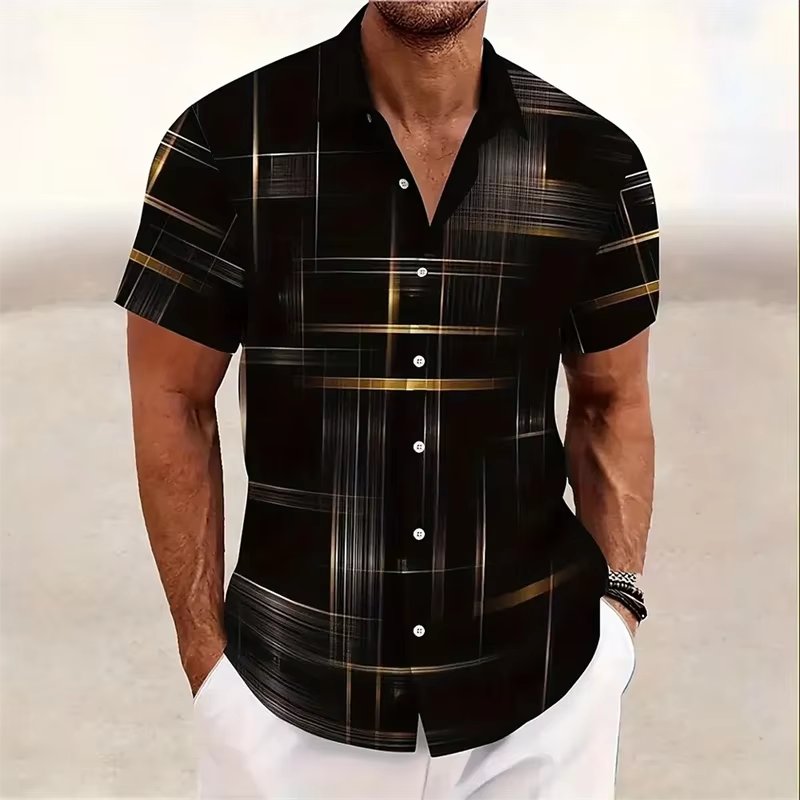 Men's Geometric Plaid Short Sleeve Button Shirt Front