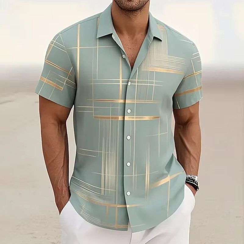 Men's Geometric Plaid Short Sleeve Button Shirt Side