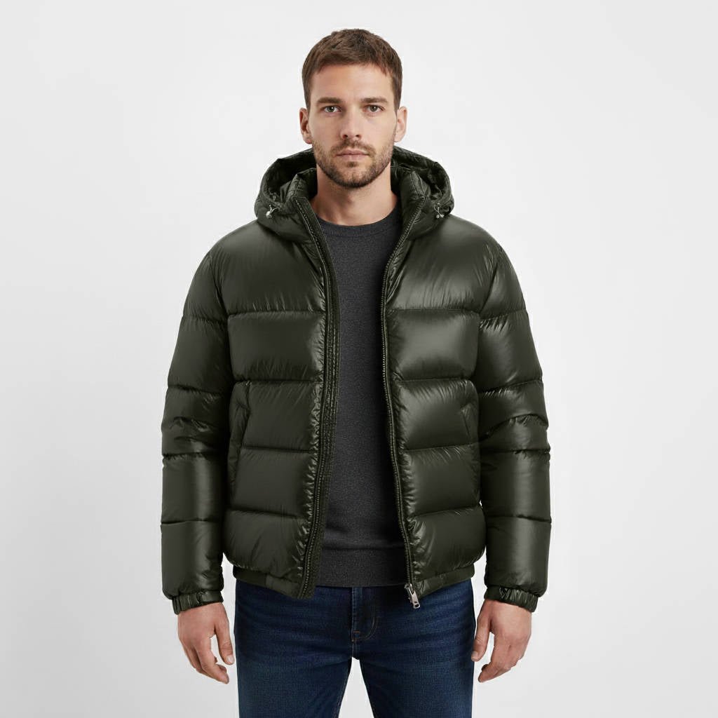 Men's Glossy Quilted Puffer Jacket | Hooded Winter Close Up
