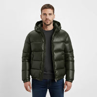 Men's Glossy Quilted Puffer Jacket | Hooded Winter Close Up