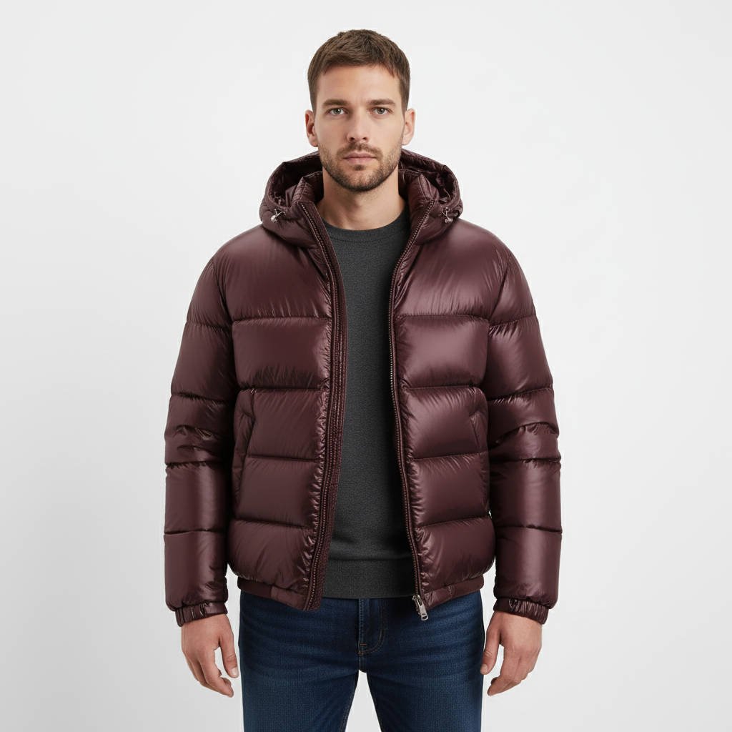 Men's Glossy Quilted Puffer Jacket | Hooded Winter Side