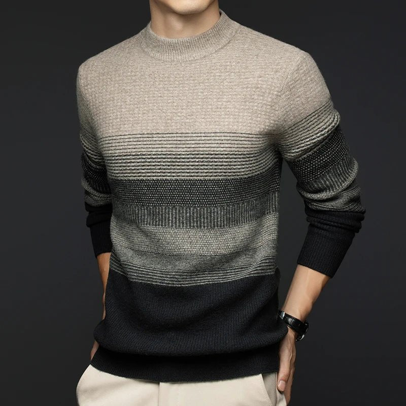 Men's Gradient Stripe Wool Sweater | Round Neck Relaxed Fit Angle