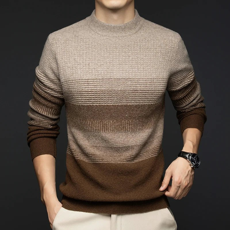 Men's Gradient Stripe Wool Sweater | Round Neck Relaxed Fit Back