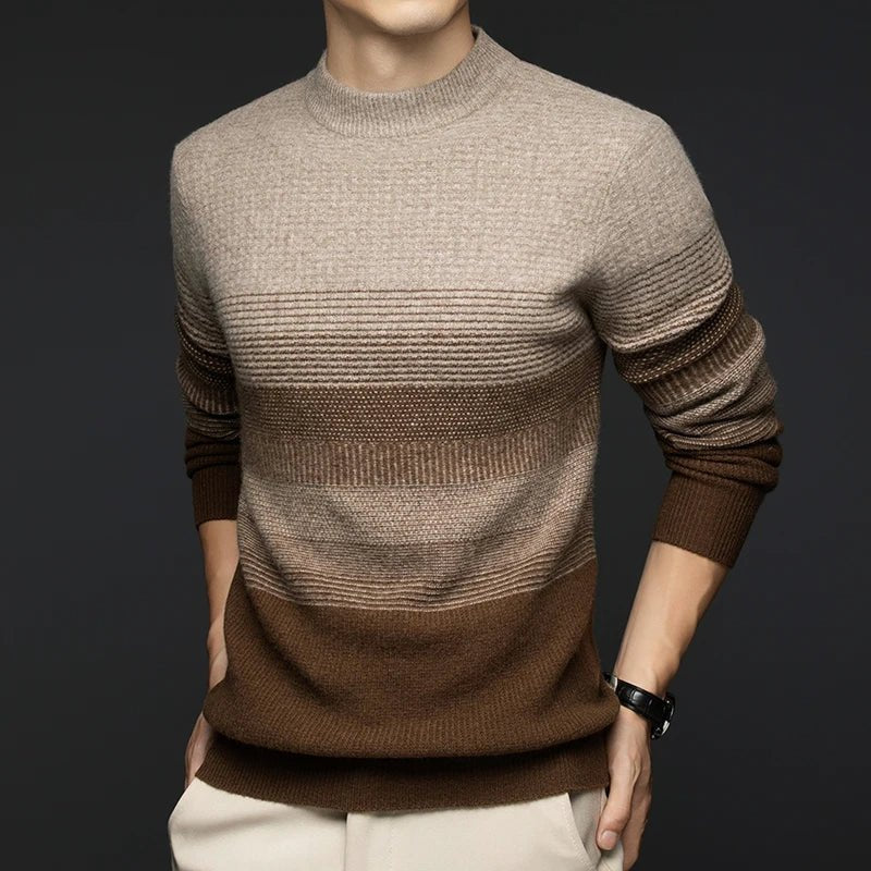 Men's Gradient Stripe Wool Sweater | Round Neck Relaxed Fit Close Up