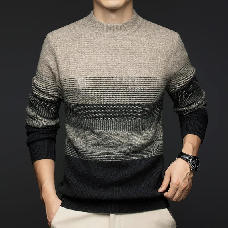 Men's Gradient Stripe Wool Sweater | Round Neck Relaxed Fit Lifestyle