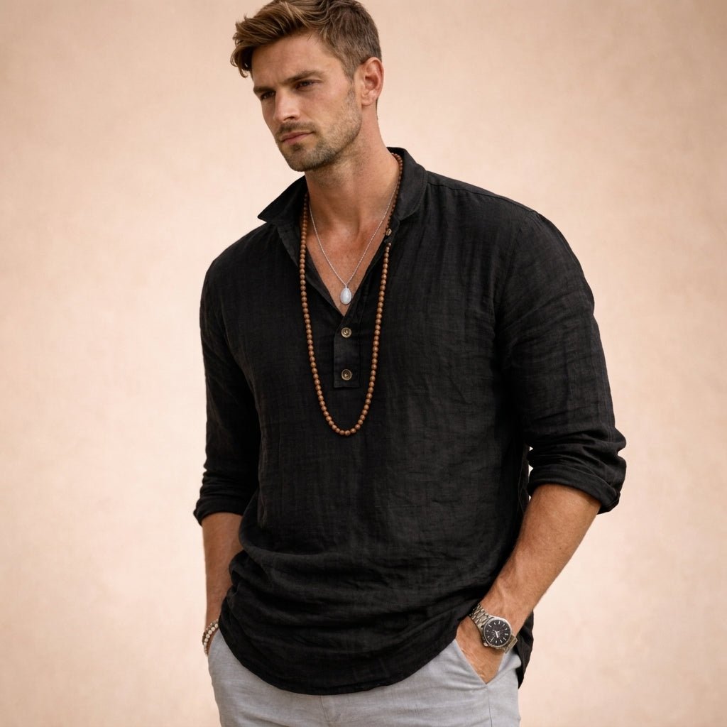 Men's Henley Linen Top Detail
