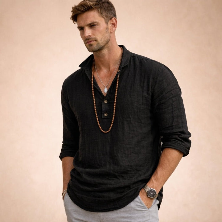 Men's Henley Linen Top Detail