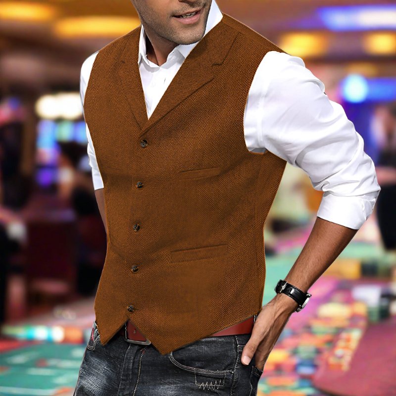 Men's Herringbone Longline V-Neck Vest | Formal Suit Back