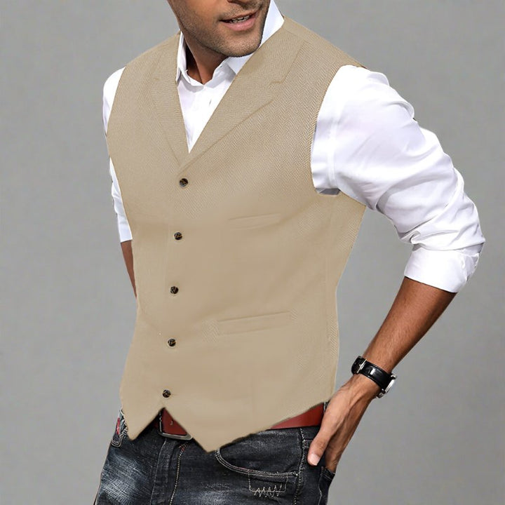 Men's Herringbone Longline V-Neck Vest | Formal Suit Detail