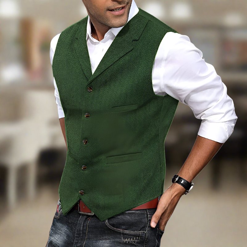 Men's Herringbone Longline V-Neck Vest | Formal Suit Front