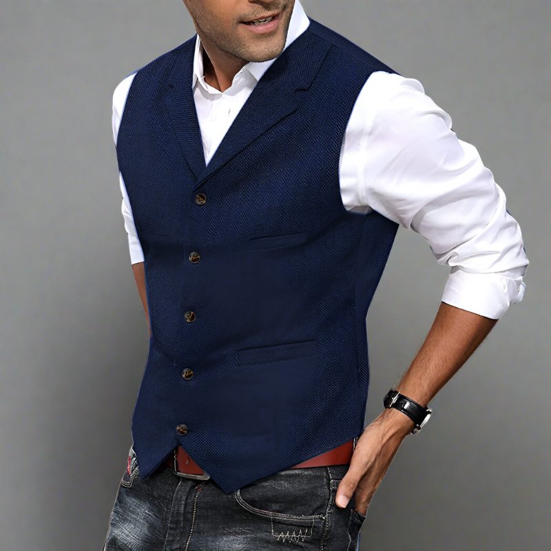 Men's Herringbone Longline V-Neck Vest | Formal Suit Full