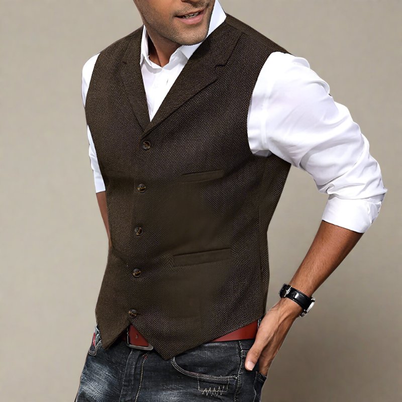 Men's Herringbone Longline V-Neck Vest | Formal Suit Lifestyle