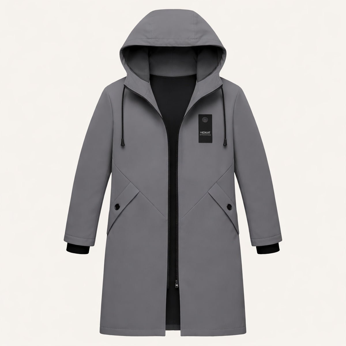 Men's Hooded Windproof Long Rain Jacket | Waterproof Diagonal Pocket Detail