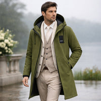 Men's Hooded Windproof Long Rain Jacket | Waterproof Diagonal Pocket Front