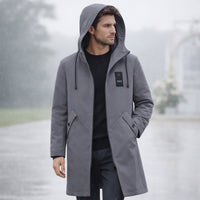 Men's Hooded Windproof Long Rain Jacket | Waterproof Diagonal Pocket Side