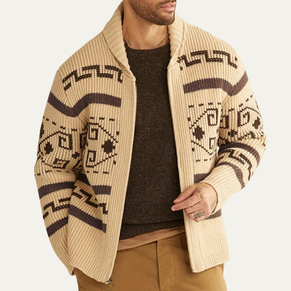 Men's Jacquard Button Up Shawl Collar Cardigan Sweater Front
