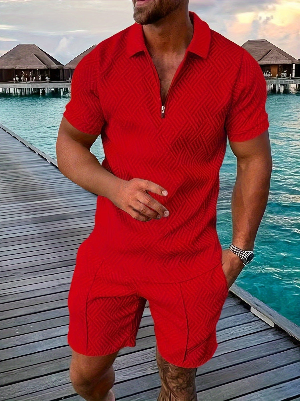 Men's Jacquard Shirt & Shorts Set | Summer Matching Back