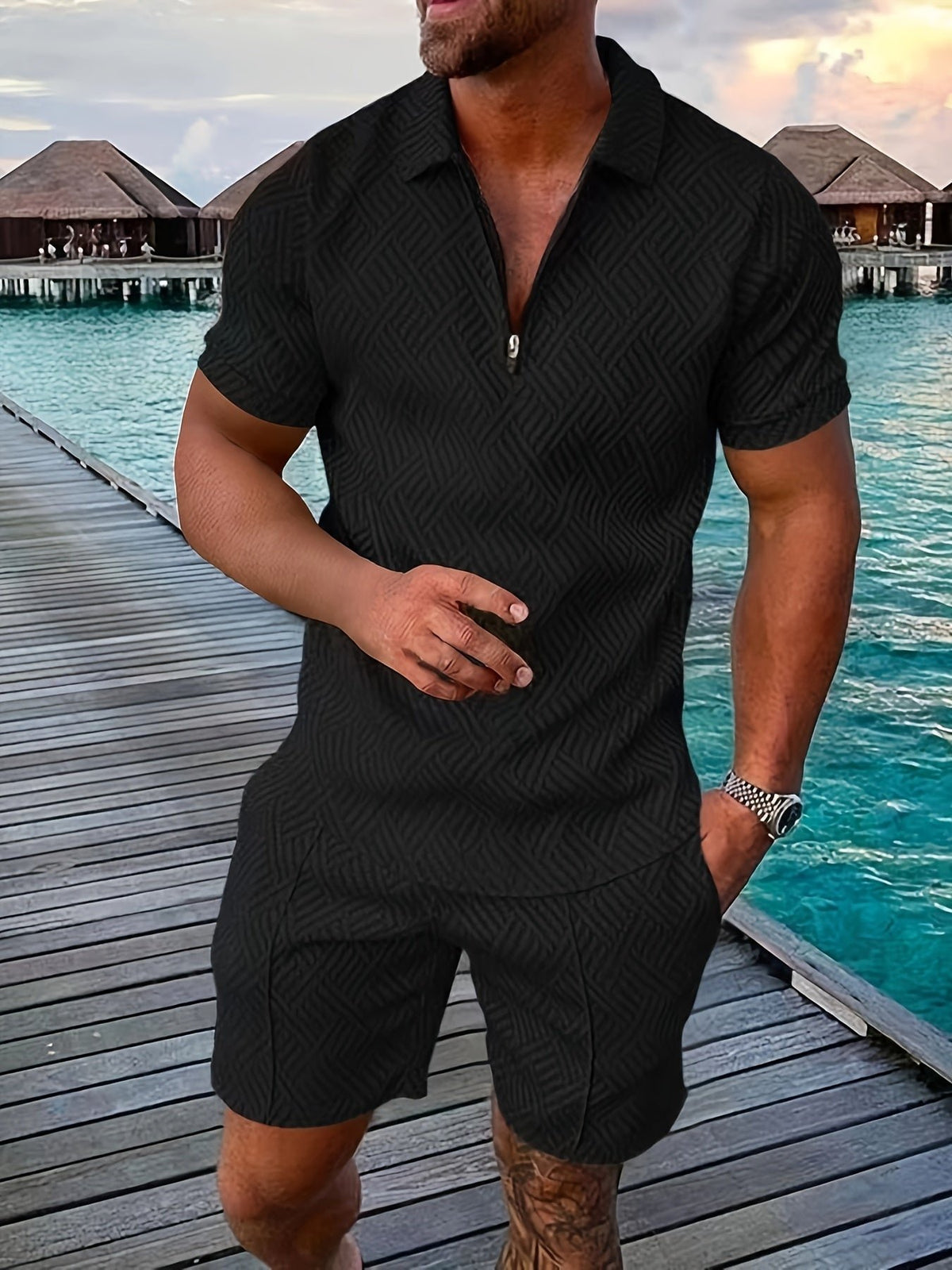 Men's Jacquard Shirt & Shorts Set | Summer Matching Close Up