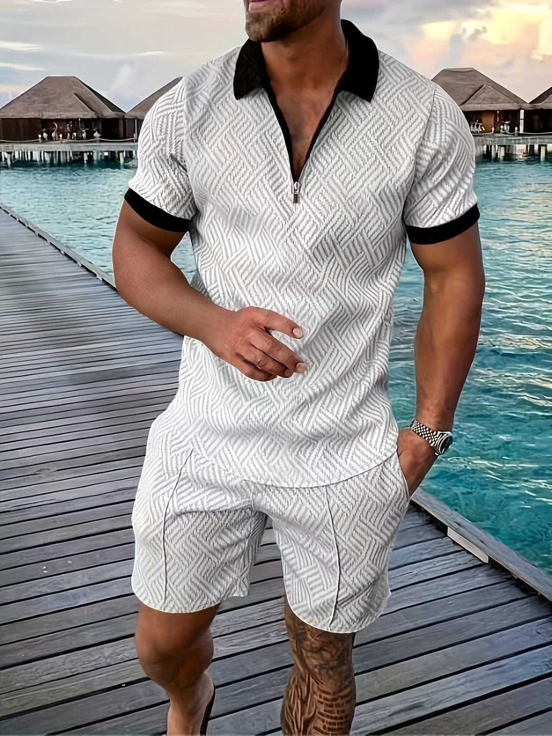 Men's Jacquard Shirt & Shorts Set | Summer Matching Side